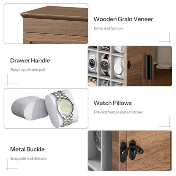12-Slot Watch Box with Flip-Top Storage, Wooden Watch Case with Acrylic